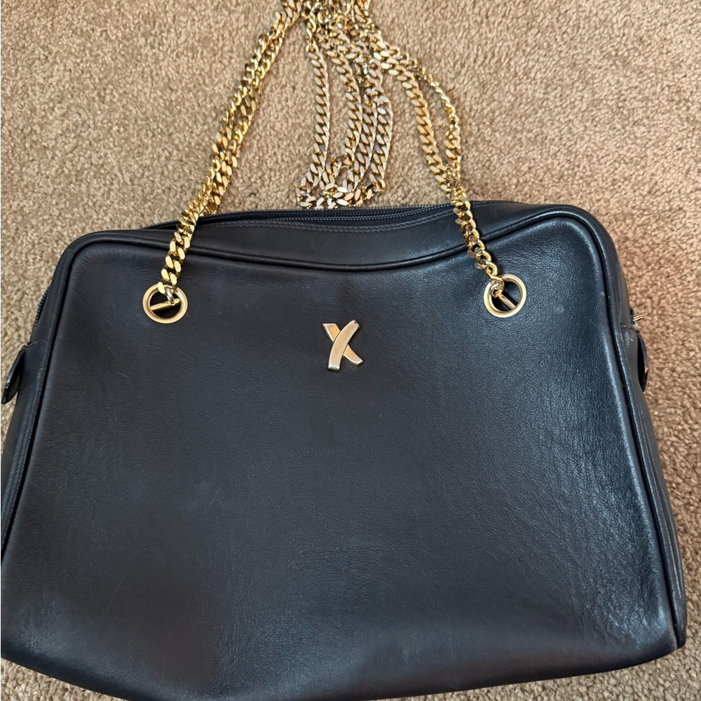 Paloma Picasso Black Leather Shoulder Bag with Gold Accents